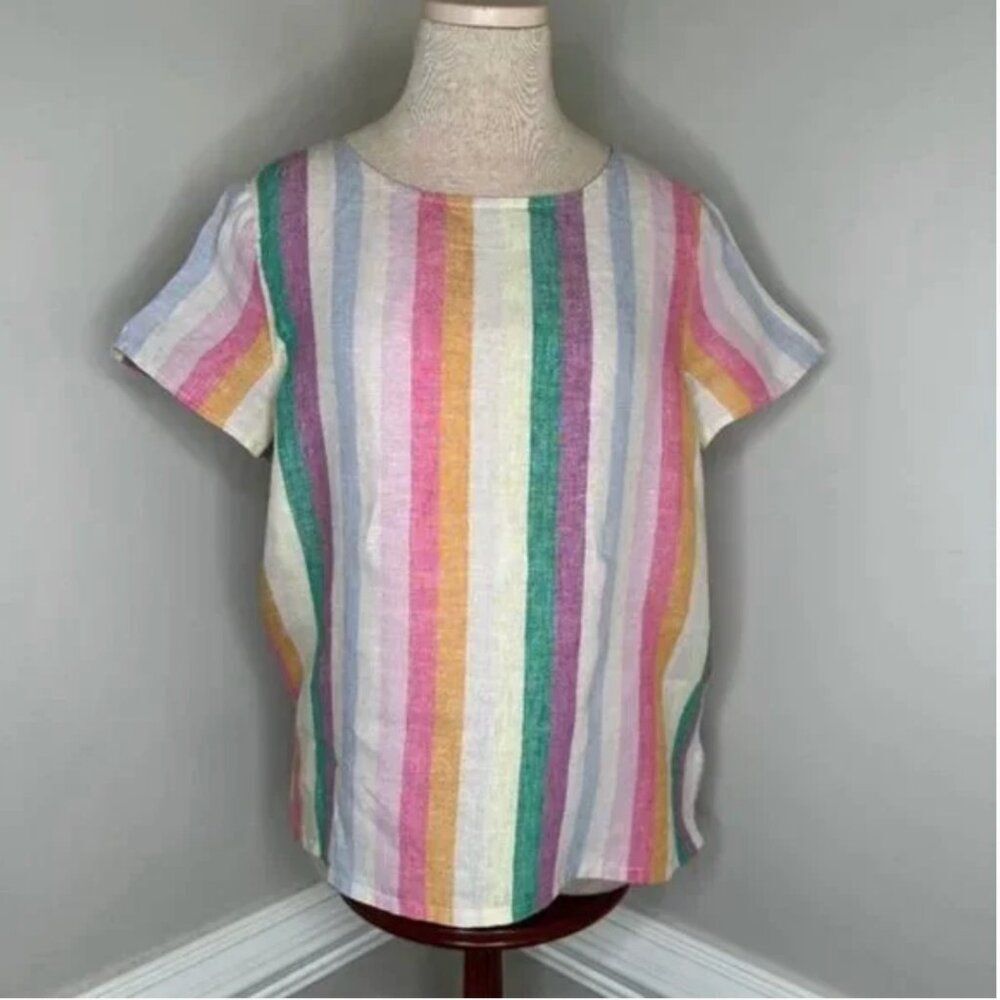 C&C California 100% Linen Multi-Colored Pastel Striped Short Sleeve Medium